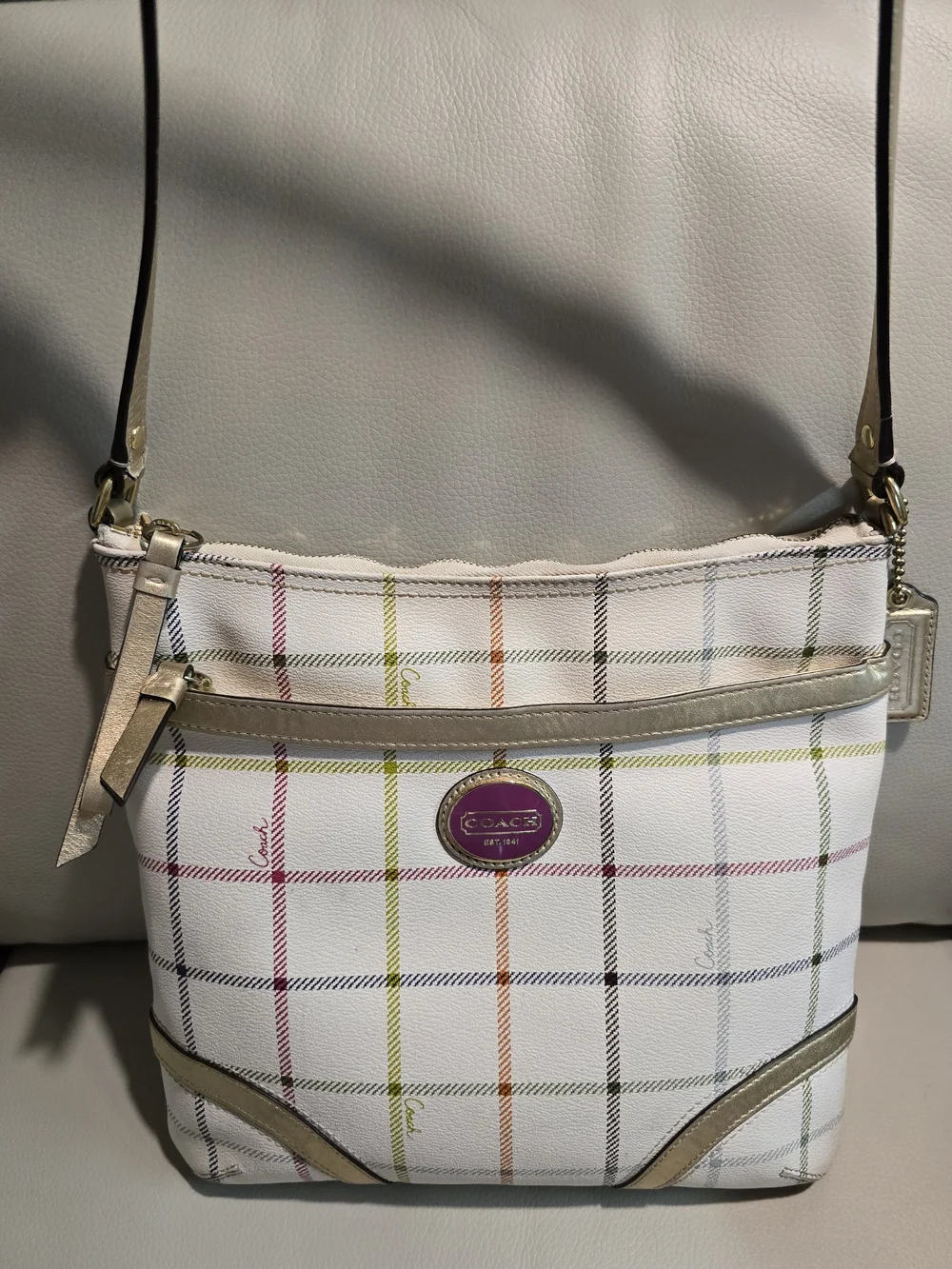 Coach EUC Tattersall White Multicolored Plaid Crossbody Bag with Gold Strap 11.5
